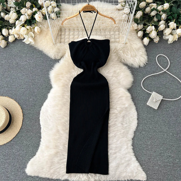 Maxikleid Damen | rückenfrei | Seitenschlitz | figurbetont | Strick | Einheitsgröße-Schwarz-Luzern Mode