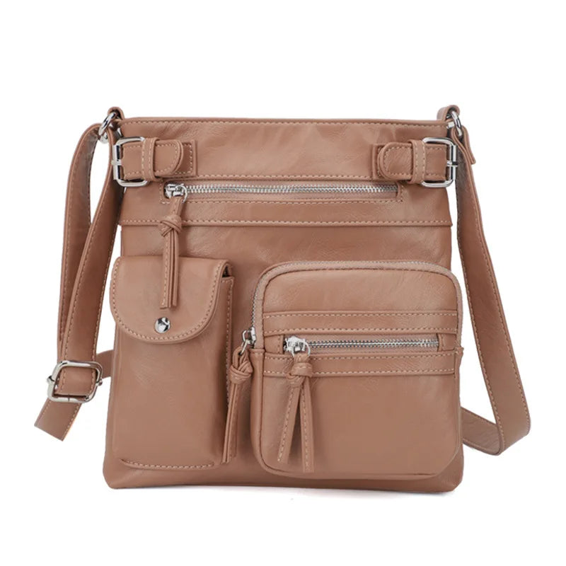 Damen Crossbody Tasche mit Mehreren Fächern Lederoptik-Hellbraun-Luzern Mode