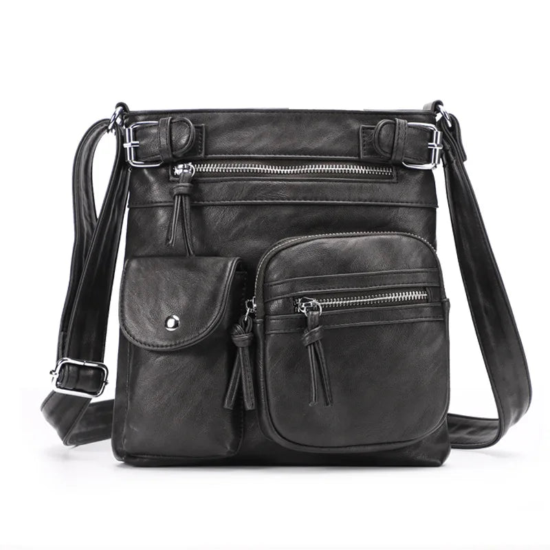 Damen Crossbody Tasche mit Mehreren Fächern Lederoptik-Schwarz-Luzern Mode