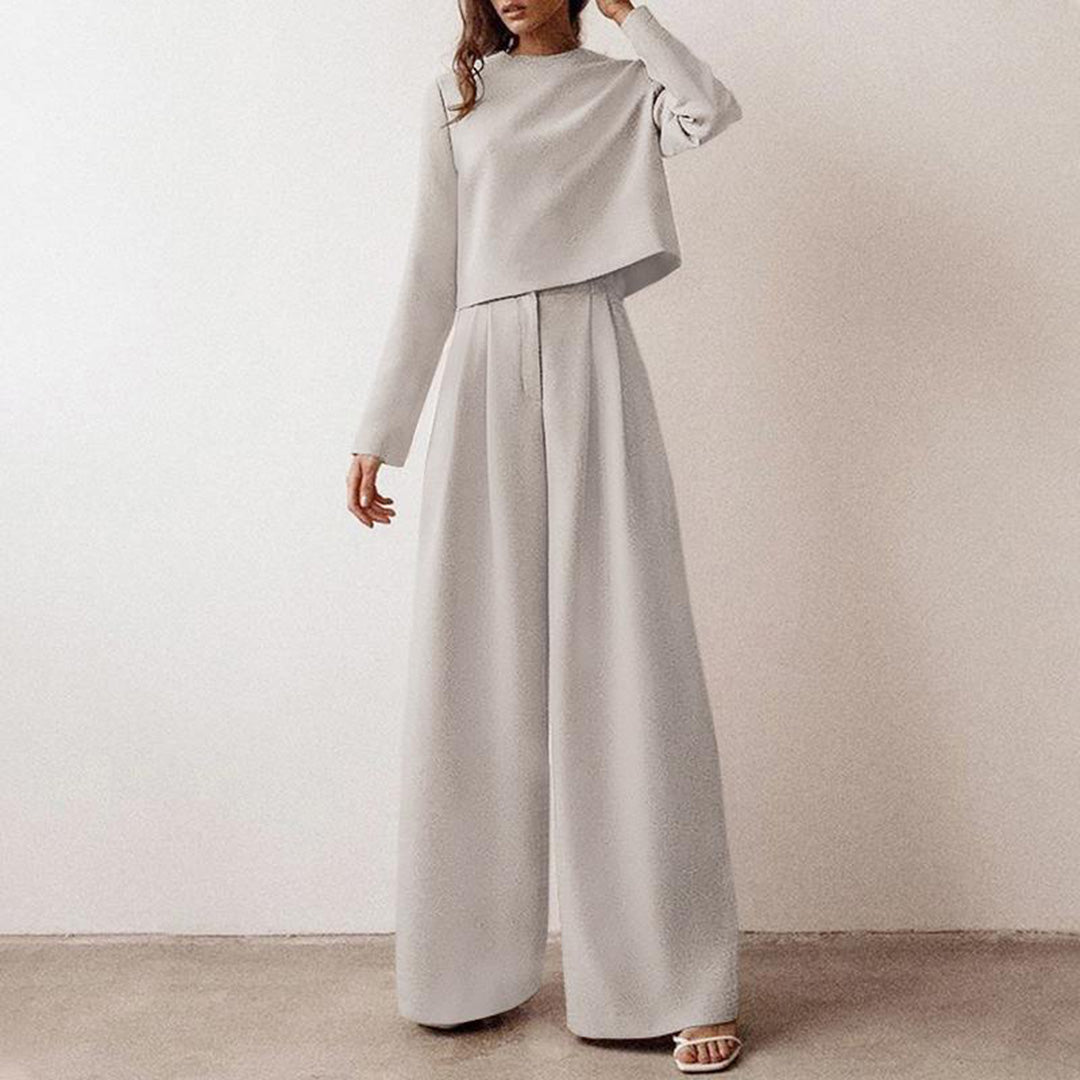 Damen Eleganter Zweiteiler Set mit Weiten Hosenanzug-Grau-S-Luzern Mode