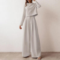 Damen Eleganter Zweiteiler Set mit Weiten Hosenanzug-Grau-S-Luzern Mode