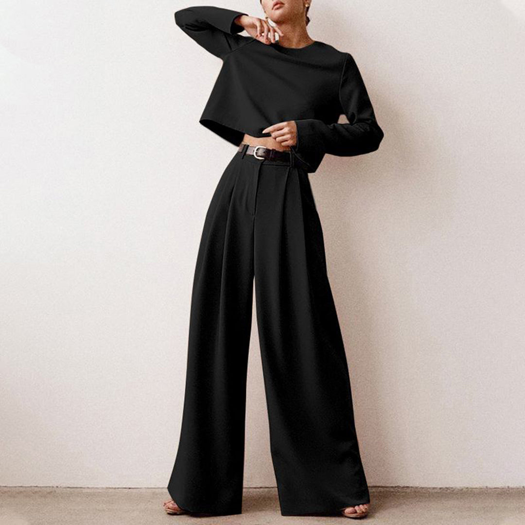 Damen Eleganter Zweiteiler Set mit Weiten Hosenanzug-Schwarz-S-Luzern Mode