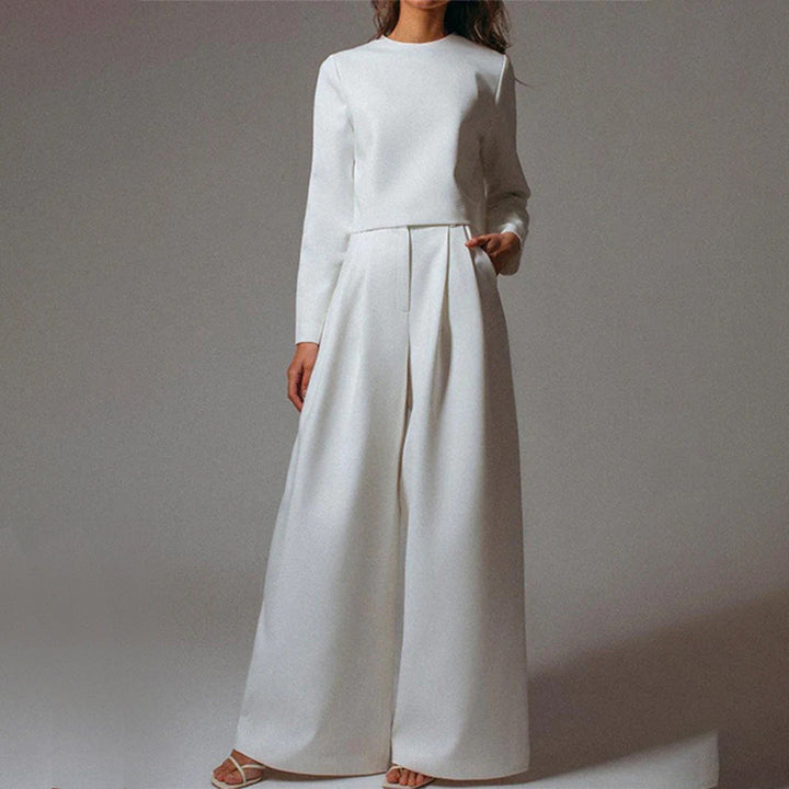 Damen Eleganter Zweiteiler Set mit Weiten Hosenanzug-Weiß-S-Luzern Mode