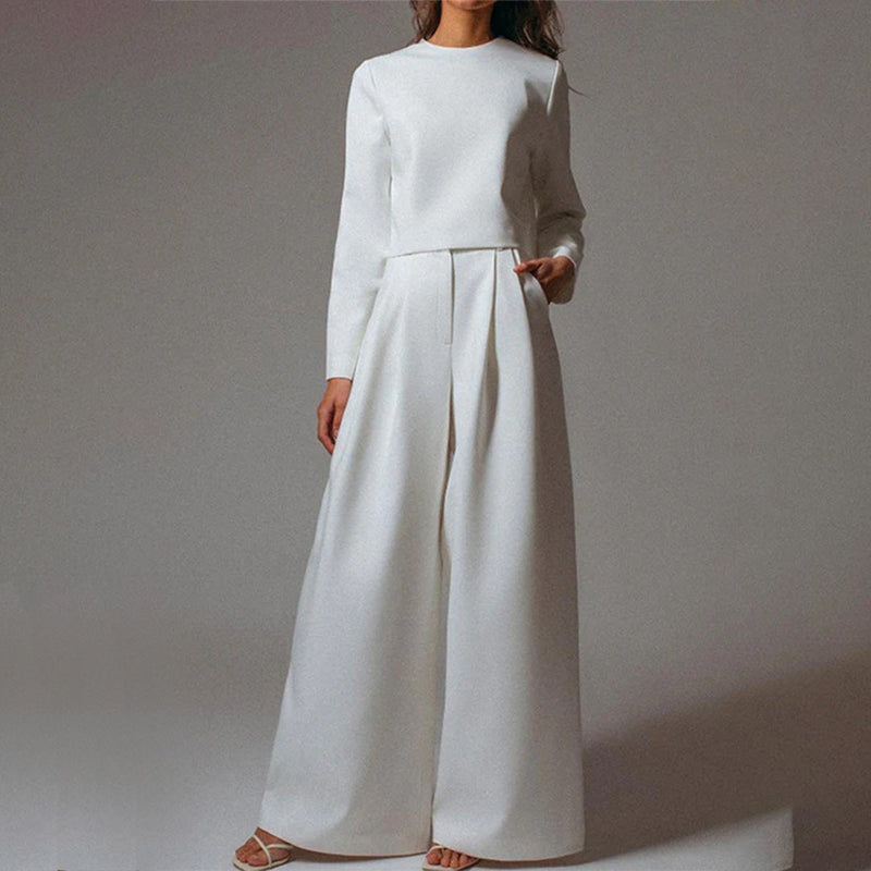Damen Eleganter Zweiteiler Set mit Weiten Hosenanzug-Weiß-S-Luzern Mode