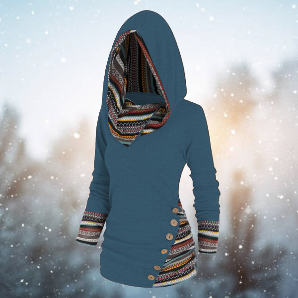 Damen Hoodie | Tribal | Geometrisch | Baumwollmix | Lange Ärmel-Blau-S-Luzern Mode