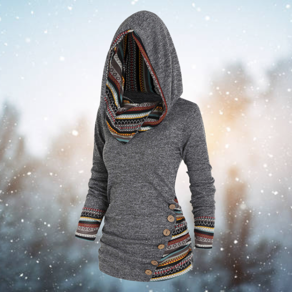 Damen Hoodie | Tribal | Geometrisch | Baumwollmix | Lange Ärmel-Grau-S-Luzern Mode