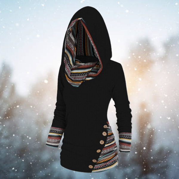 Damen Hoodie | Tribal | Geometrisch | Baumwollmix | Lange Ärmel-Schwarz-S-Luzern Mode