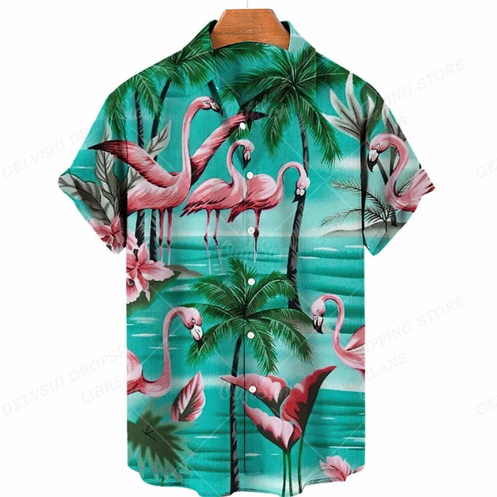 Herren Sommerhemd | Fröhlich | Kurze Ärmel | Flamingo | Auffällig bunt-B-S-Luzern Mode