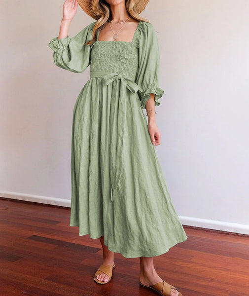 Maxi Sommerkleid | Einfarbig | Baumwolle | Lange Ärmel | Muster | Leicht-Grün-S-Luzern Mode