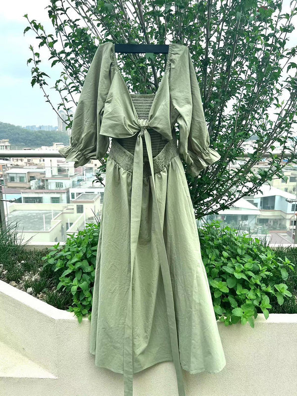 Maxi Sommerkleid | Einfarbig | Baumwolle | Lange Ärmel | Muster | Leicht-Luzern Mode