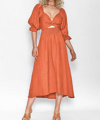 Maxi Sommerkleid | Einfarbig | Baumwolle | Lange Ärmel | Muster | Leicht-Orange-S-Luzern Mode