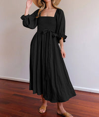 Maxi Sommerkleid | Einfarbig | Baumwolle | Lange Ärmel | Muster | Leicht-Schwarz-S-Luzern Mode
