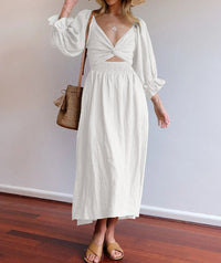 Maxi Sommerkleid | Einfarbig | Baumwolle | Lange Ärmel | Muster | Leicht-Weiß-S-Luzern Mode