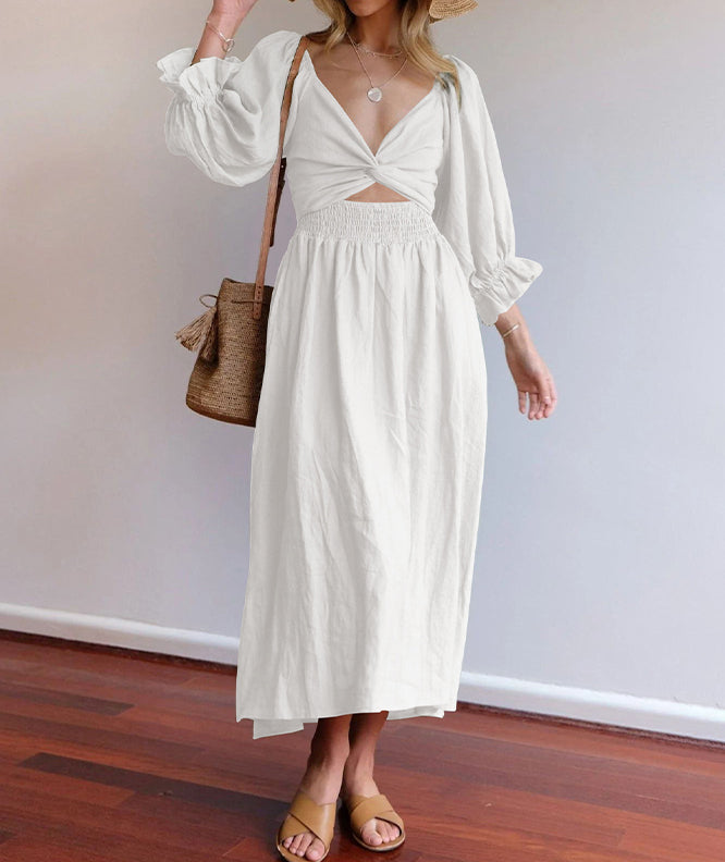 Maxi Sommerkleid | Einfarbig | Baumwolle | Lange Ärmel | Muster | Leicht-Weiß-S-Luzern Mode