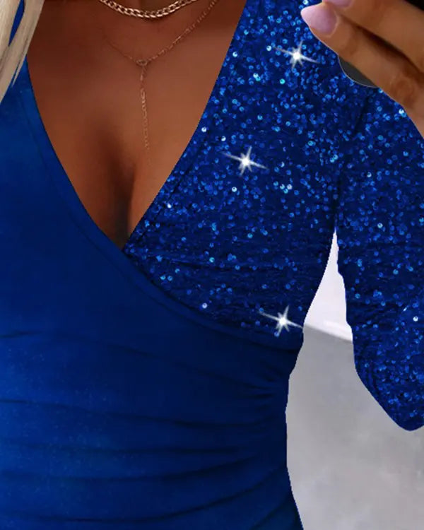 Damen V-Ausschnitt Glitzer Langarmshirt für Partys-Luzern Mode