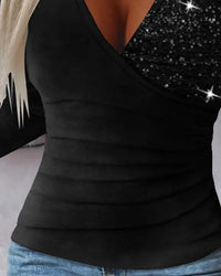 Damen V-Ausschnitt Glitzer Langarmshirt für Partys-Luzern Mode