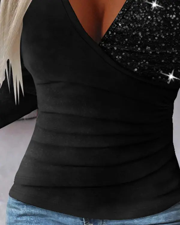 Damen V-Ausschnitt Glitzer Langarmshirt für Partys-Luzern Mode