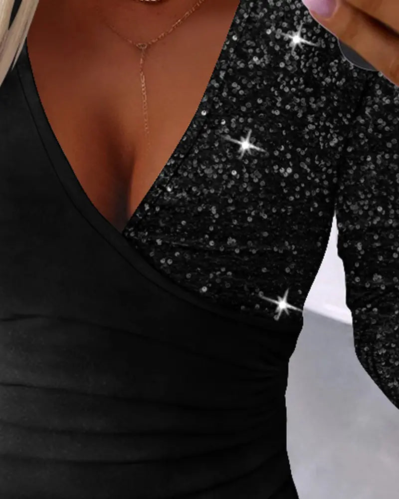 Damen V-Ausschnitt Glitzer Langarmshirt für Partys-Luzern Mode