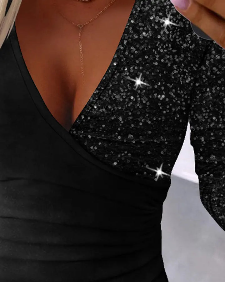 Damen V-Ausschnitt Glitzer Langarmshirt für Partys-Luzern Mode