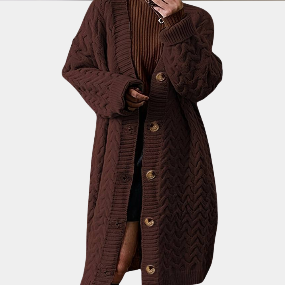 Übergroße Damen Strickmantel mit Knöpfen - Langer Cardigan Trend 2023-Braun-XS-Luzern Mode