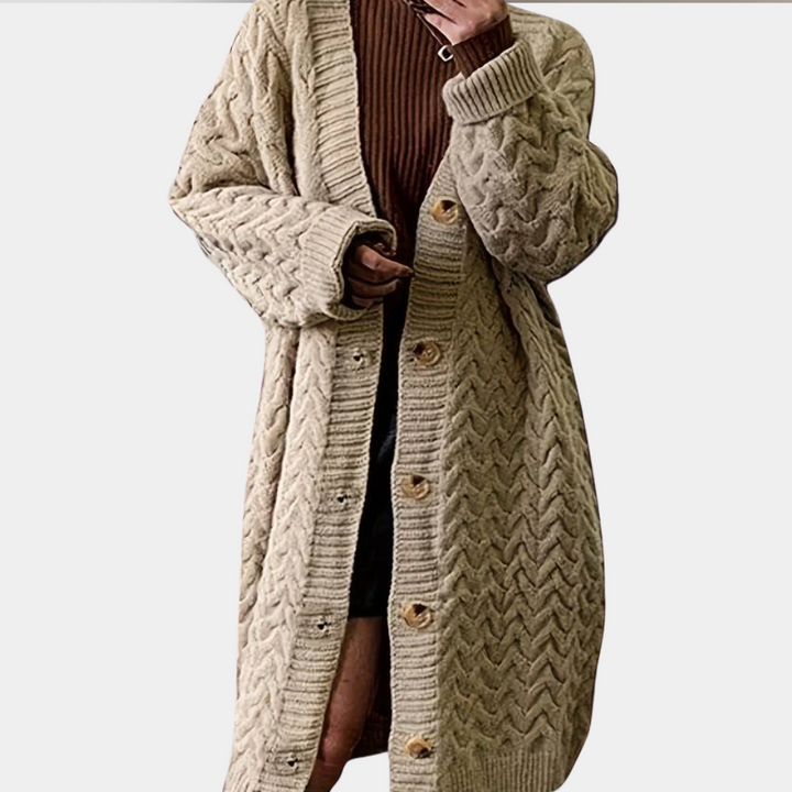 Übergroße Damen Strickmantel mit Knöpfen - Langer Cardigan Trend 2023-Khaki-XS-Luzern Mode