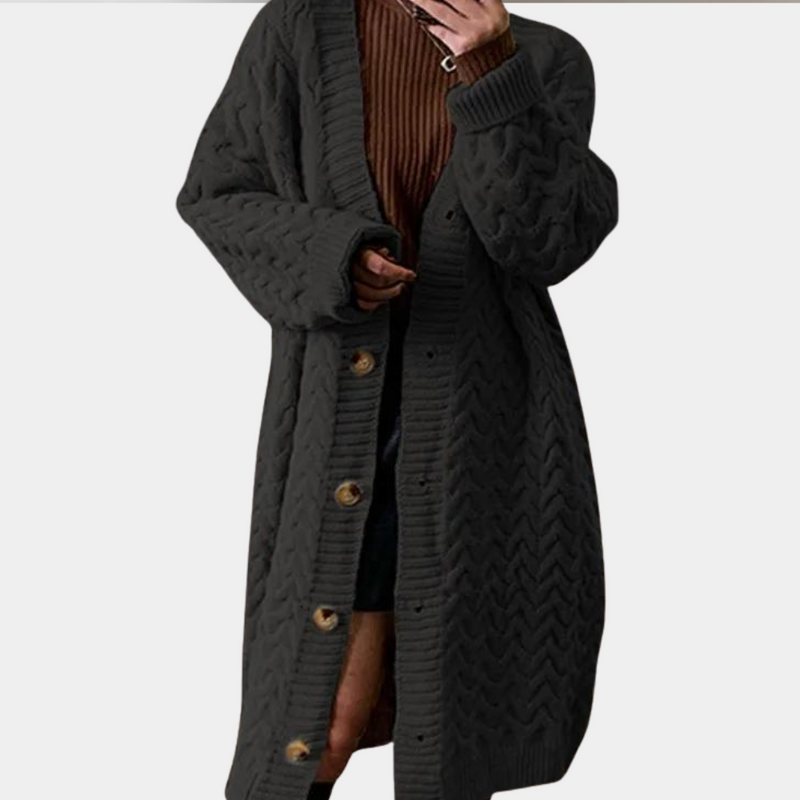 Übergroße Damen Strickmantel mit Knöpfen - Langer Cardigan Trend 2023-Schwarz-XS-Luzern Mode
