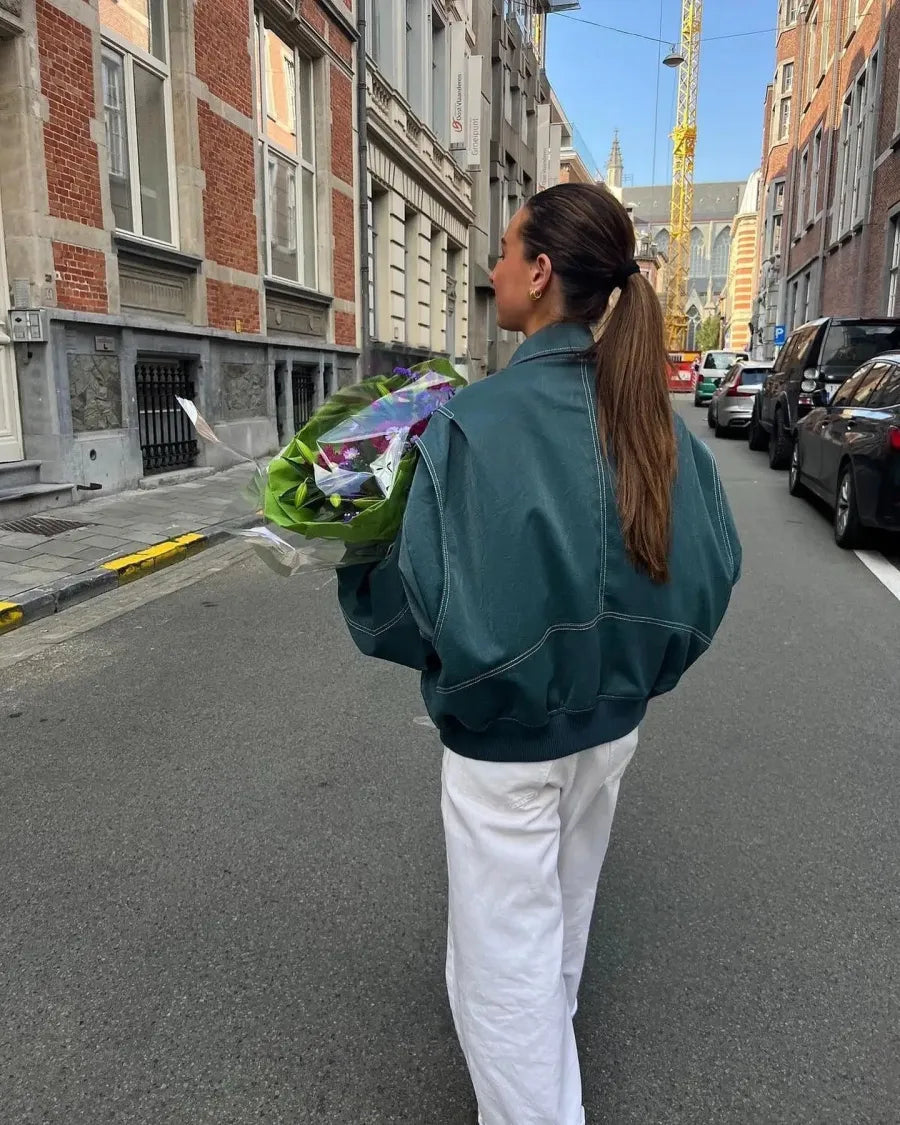 Leren Damenjacke | Oversized | Reißverschluss | Lässig | Vegan | Kragen-Grün-S-Luzern Mode