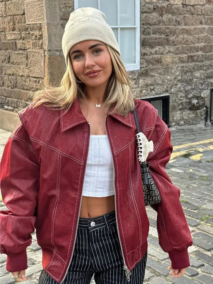 Leren Damenjacke | Oversized | Reißverschluss | Lässig | Vegan | Kragen-Rot-S-Luzern Mode