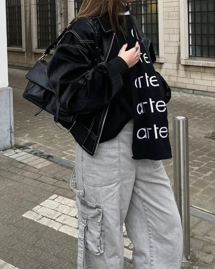 Leren Damenjacke | Oversized | Reißverschluss | Lässig | Vegan | Kragen-Schwarz-S-Luzern Mode