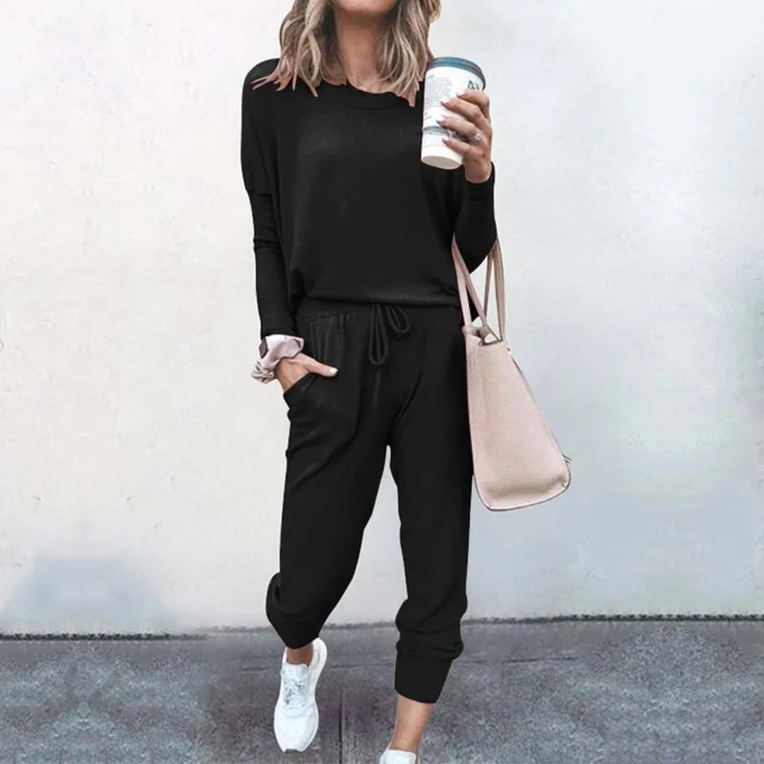 Oversized Damen Jogginganzug Set - Bequemer Freizeitanzug mit Tasche-Schwarz-s-Luzern Mode