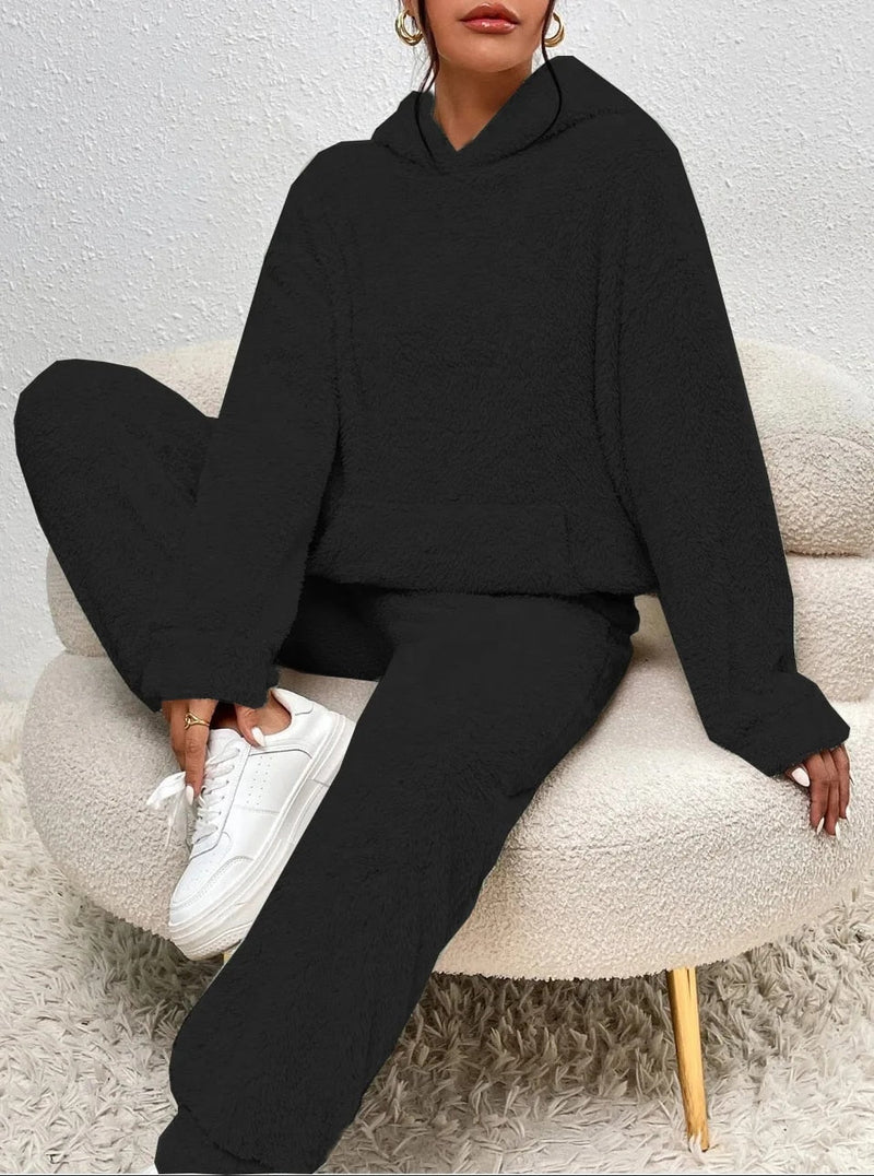 Flauschiger Damen Hoodie Jogginganzug für gemütliche Tage-Schwarz-XS-Luzern Mode