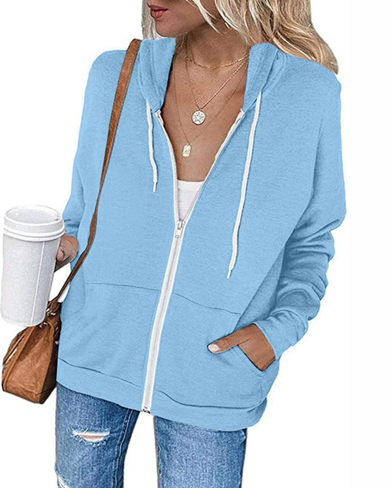 Damen Kapuzenpullover mit Reißverschluss und Taschen-Hellblau-S-Luzern Mode
