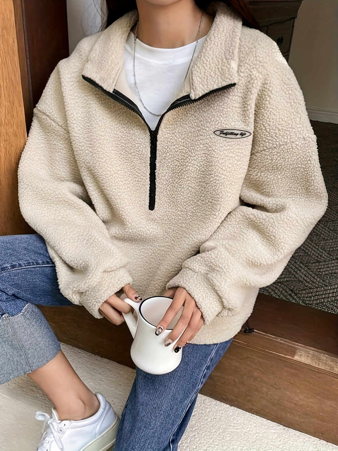 Oversized Fleece-Pullover mit Reißverschluss für Damen - Gemütlich und Stylisch-Beige-S-Luzern Mode
