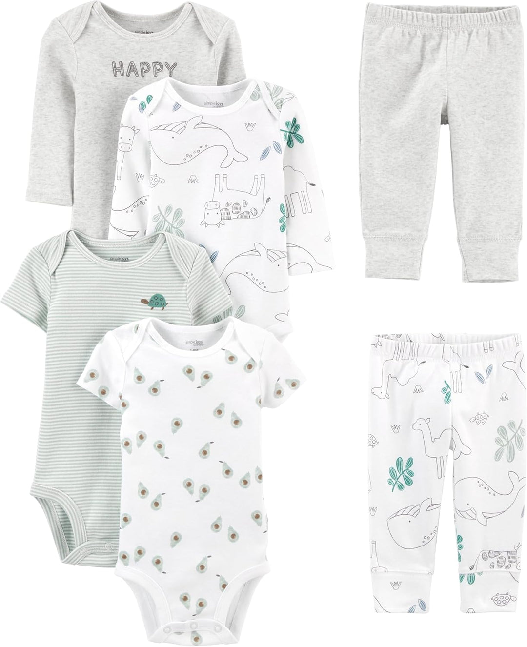 6-teiliges Baby-Bodysuit-Set mit Hosen - Mix & Match-Graumeliert/Weißer Tierdruck/Avocados/Streifen/Textdruck-0-3 Monate-Luzern Mode