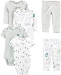 6-teiliges Baby-Bodysuit-Set mit Hosen - Mix & Match-Graumeliert/Weißer Tierdruck/Avocados/Streifen/Textdruck-0-3 Monate-Luzern Mode