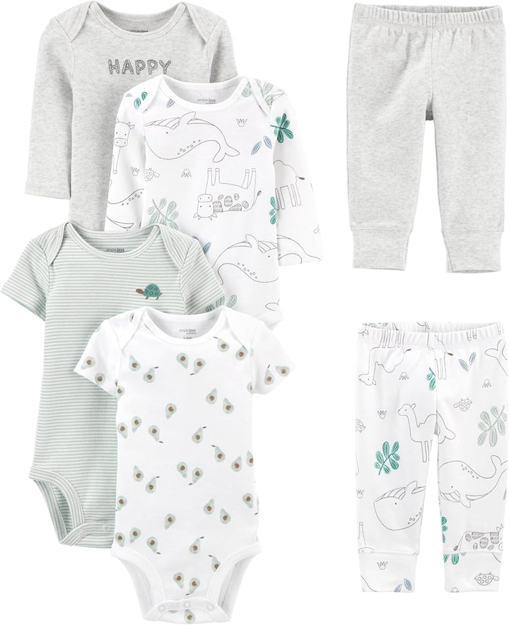 6-teiliges Baby-Bodysuit-Set mit Hosen - Mix & Match-Graumeliert/Weißer Tierdruck/Avocados/Streifen/Textdruck-0-3 Monate-Luzern Mode
