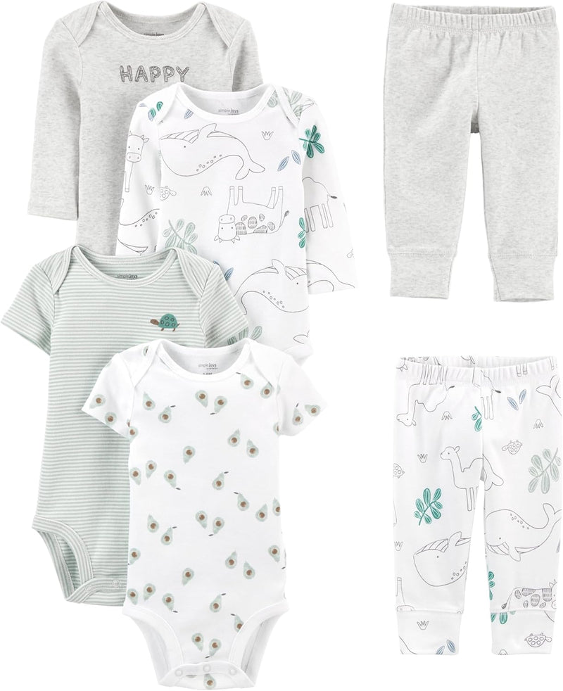 6-teiliges Baby-Bodysuit-Set mit Hosen - Mix & Match-Graumeliert/Weißer Tierdruck/Avocados/Streifen/Textdruck-0-3 Monate-Luzern Mode