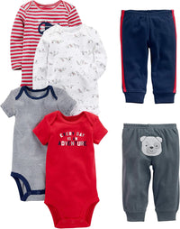 6-teiliges Baby-Bodysuit-Set mit Hosen - Mix & Match-Mehrfarbig/Bären/Hunde/Streifen/Textdruck-0-3 Monate-Luzern Mode