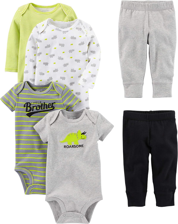 6-teiliges Baby-Bodysuit-Set mit Hosen - Mix & Match-Mehrfarbig/Dinosaurier/Nashorn/Streifen/Textdruck-0-3 Monate-Luzern Mode