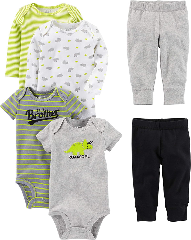 6-teiliges Baby-Bodysuit-Set mit Hosen - Mix & Match-Mehrfarbig/Dinosaurier/Nashorn/Streifen/Textdruck-0-3 Monate-Luzern Mode