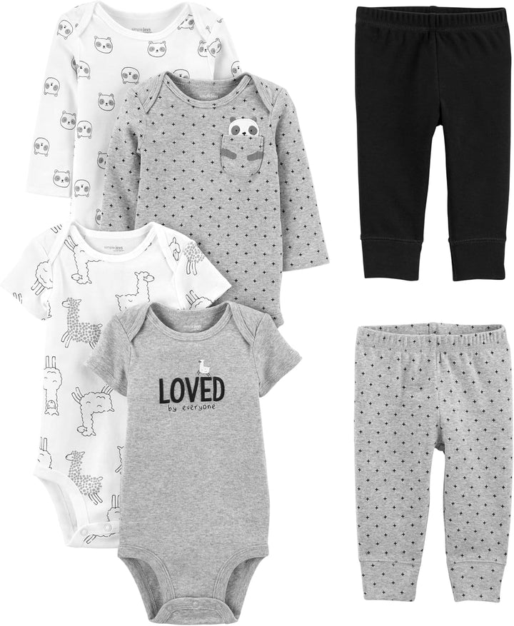 6-teiliges Baby-Bodysuit-Set mit Hosen - Mix & Match-Schwarz/Grauer Textdruck/Weißes Lama/Panda-0-3 Monate-Luzern Mode