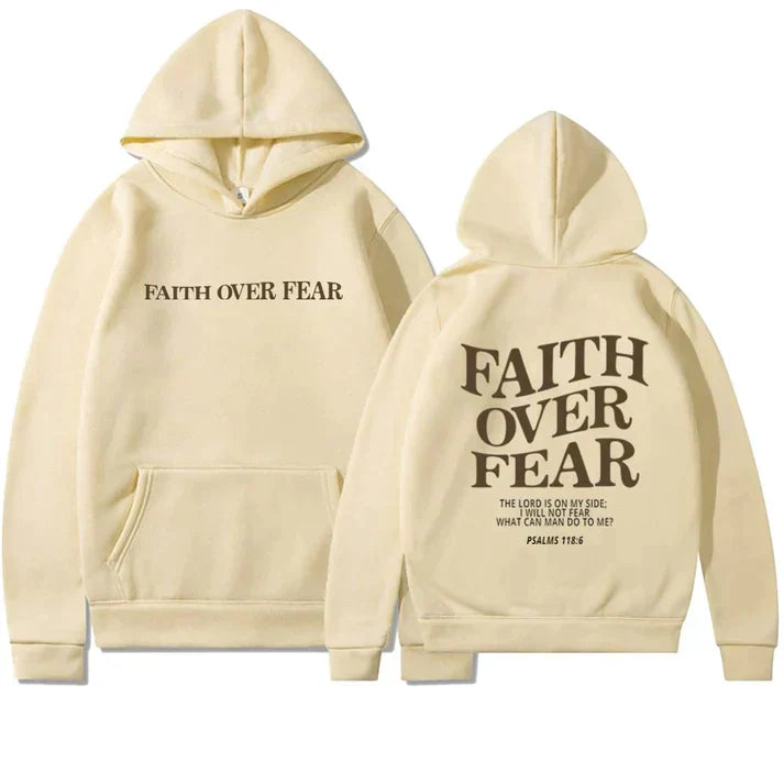 Damen Kapuzenpullover "Faith Over Fear" mit Tasche-Creme-XS-Luzern Mode