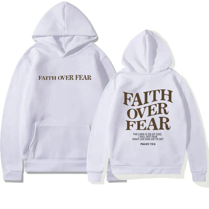 Damen Kapuzenpullover "Faith Over Fear" mit Tasche-Weiß-XS-Luzern Mode