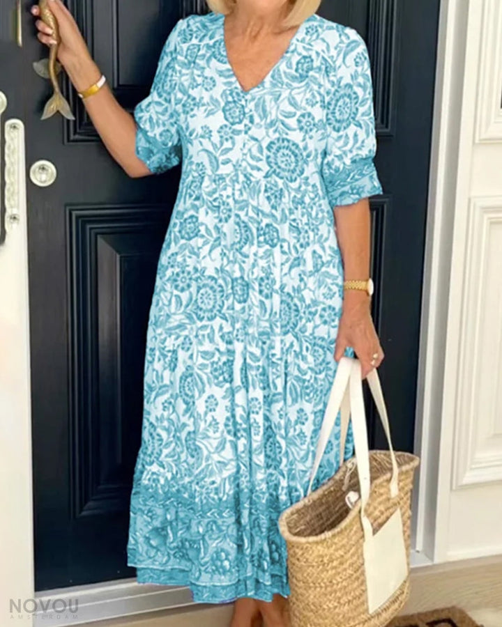 Kleid mit Blumenmuster | Über das Knie | V-Ausschnitt | A-Linie | Kurze Ärmel-Himmelblau-S-Luzern Mode