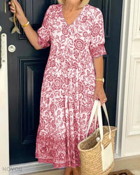 Kleid mit Blumenmuster | Über das Knie | V-Ausschnitt | A-Linie | Kurze Ärmel-Rot-S-Luzern Mode