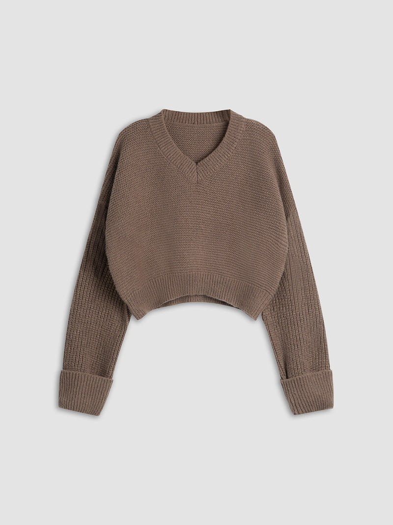 Damen Strickpullover mit V-Ausschnitt für Herbst/Winter-Braun-XS-Luzern Mode
