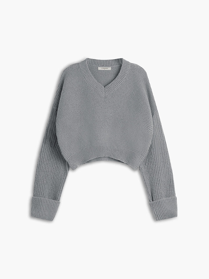 Damen Strickpullover mit V-Ausschnitt für Herbst/Winter-Grau-XS-Luzern Mode