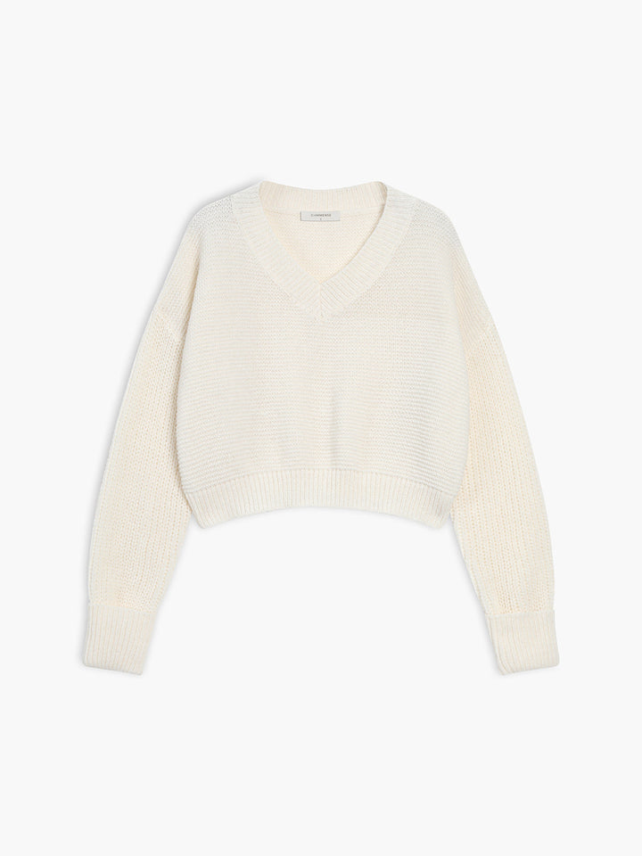 Damen Strickpullover mit V-Ausschnitt für Herbst/Winter-Weiß-XS-Luzern Mode