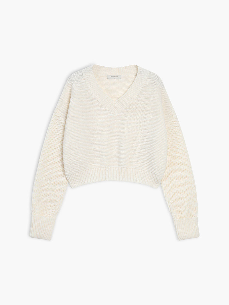 Damen Strickpullover mit V-Ausschnitt für Herbst/Winter-Weiß-XS-Luzern Mode
