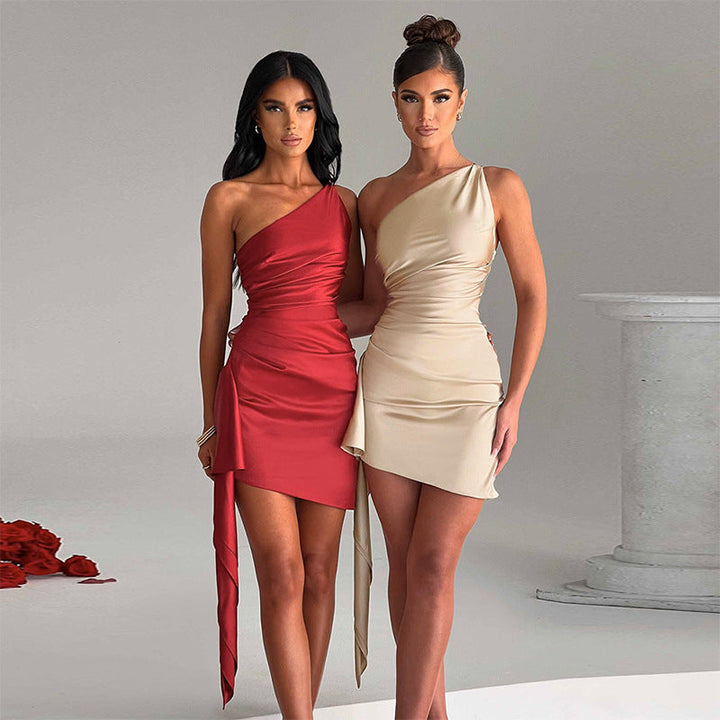 Minikleid | One-Shoulder | Rückenfrei | Einfarbig | Ärmellos | Leicht-Luzern Mode